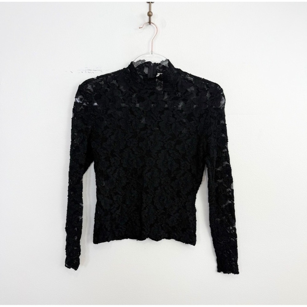 Vintage Caché Black Lace Mock Neck Top Small Y2K Sheer Long Sleeve Goth